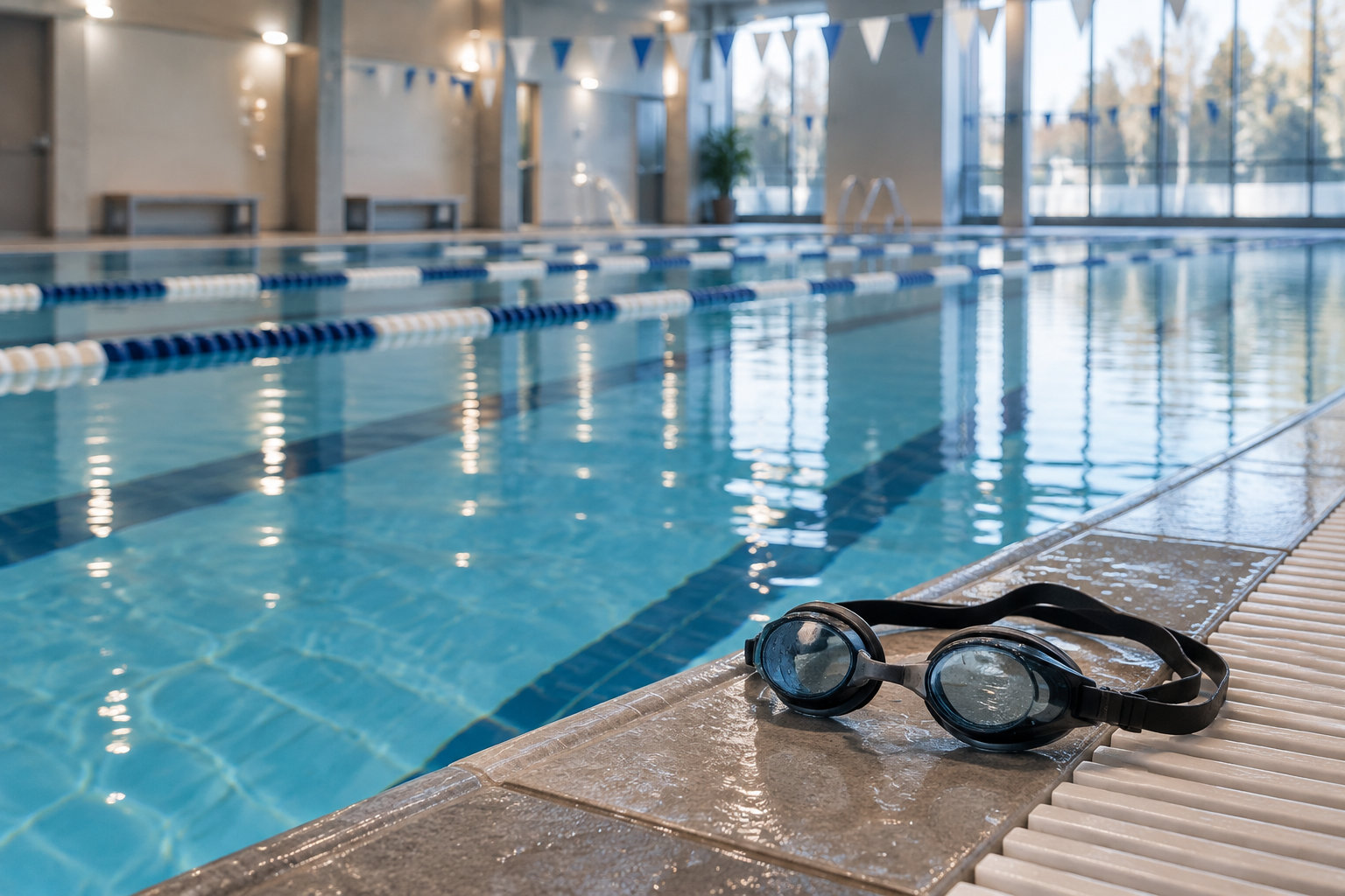 Des lunettes de natation noires reposent au bord d’une piscine intérieure avec des lignes d’eau et des fanions suspendus au plafond.