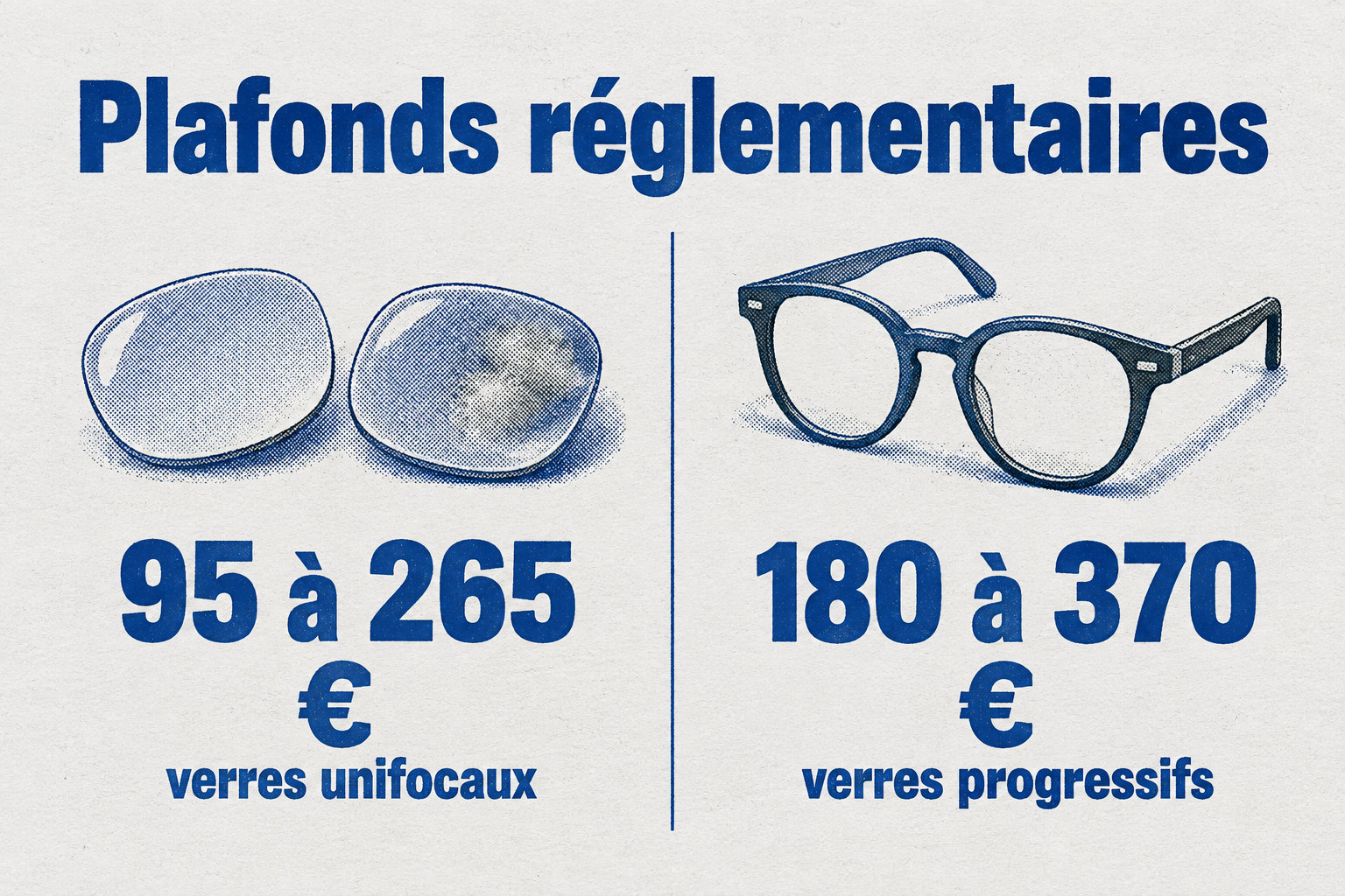 Les plafonds réglementaires d’un équipement complet de classe A vont de 95 à 265 € pour des verres unifocaux et de 180 à 370 € pour des verres progressifs.